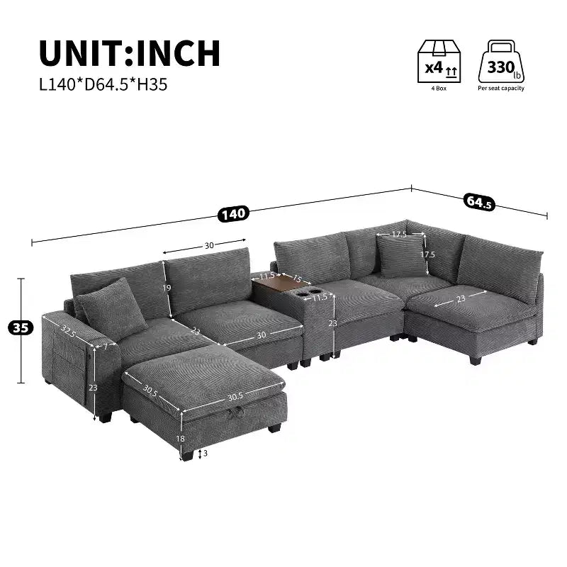Sofá seccional modular en forma de U de gran tamaño de 140'' con otomana, consola, cargador USB, portavasos, almacenamiento, tapicería de pana, 6 asientos para sala de estar