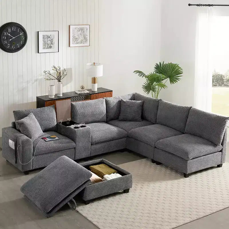 Sofá seccional modular en forma de U de gran tamaño de 140'' con otomana, consola, cargador USB, portavasos, almacenamiento, tapicería de pana, 6 asientos para sala de estar