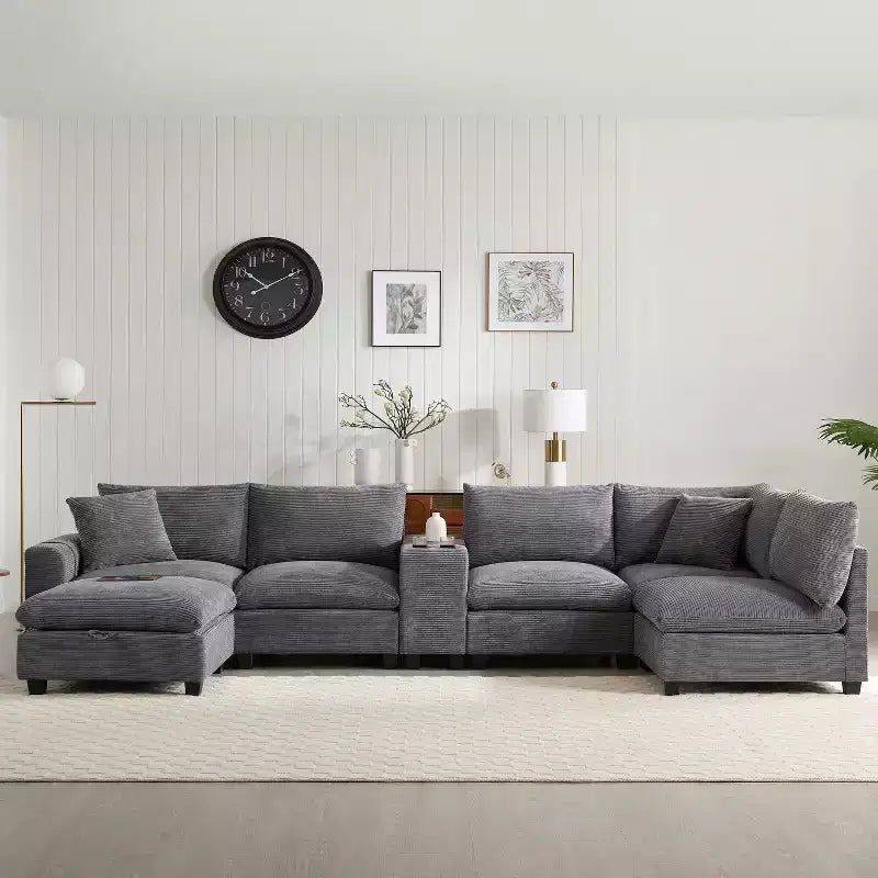Sofá seccional modular en forma de U de gran tamaño de 140'' con otomana, consola, cargador USB, portavasos, almacenamiento, tapicería de pana, 6 asientos para sala de estar