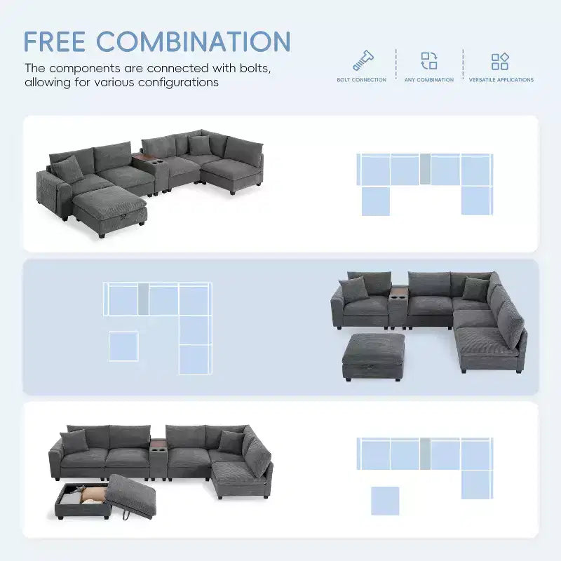Sofá seccional modular en forma de U de gran tamaño de 140'' con otomana, consola, cargador USB, portavasos, almacenamiento, tapicería de pana, 6 asientos para sala de estar