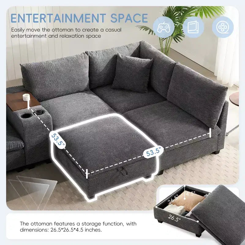 Sofá seccional modular en forma de U de gran tamaño de 140'' con otomana, consola, cargador USB, portavasos, almacenamiento, tapicería de pana, 6 asientos para sala de estar