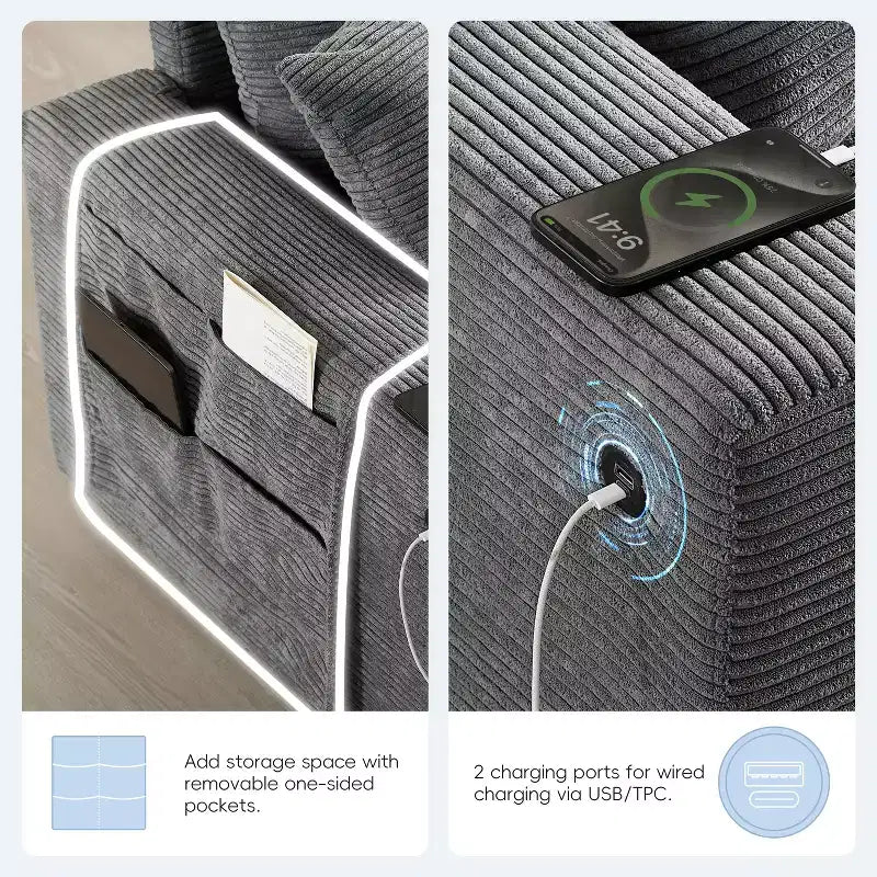 Sofá seccional modular en forma de U de gran tamaño de 140'' con otomana, consola, cargador USB, portavasos, almacenamiento, tapicería de pana, 6 asientos para sala de estar