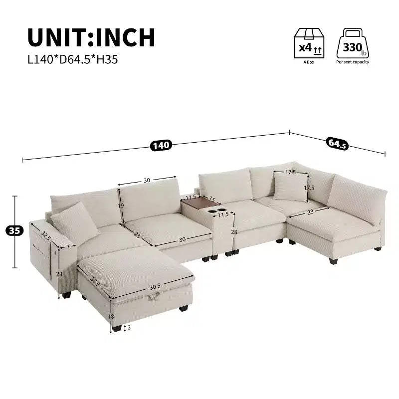 Sofá seccional modular en forma de U de gran tamaño de 140'' con otomana, consola, cargador USB, portavasos, almacenamiento, tapicería de pana, 6 asientos para sala de estar