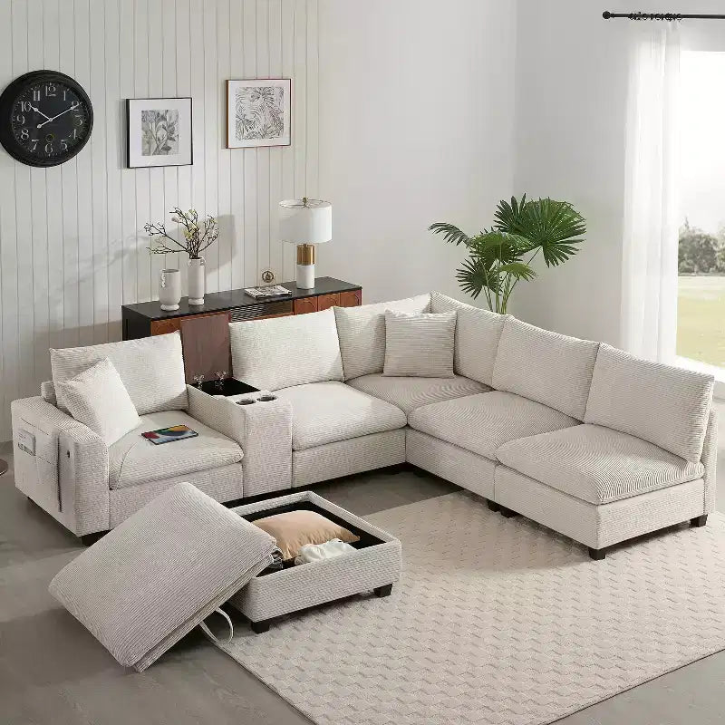 Sofá seccional modular en forma de U de gran tamaño de 140'' con otomana, consola, cargador USB, portavasos, almacenamiento, tapicería de pana, 6 asientos para sala de estar