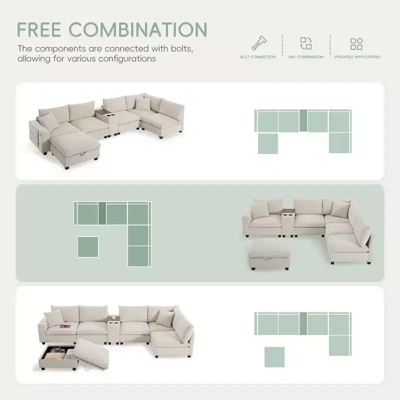 Sofá seccional modular en forma de U de gran tamaño de 140'' con otomana, consola, cargador USB, portavasos, almacenamiento, tapicería de pana, 6 asientos para sala de estar