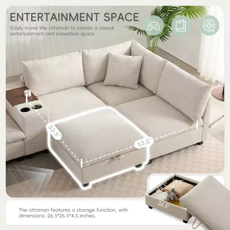 Sofá seccional modular en forma de U de gran tamaño de 140'' con otomana, consola, cargador USB, portavasos, almacenamiento, tapicería de pana, 6 asientos para sala de estar