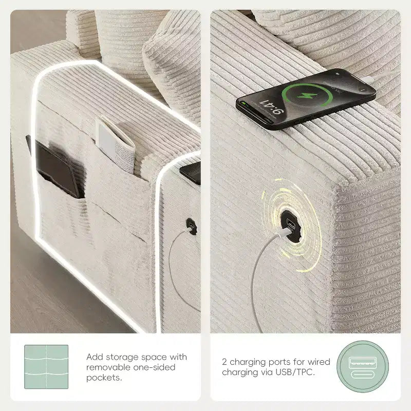 Sofá seccional modular en forma de U de gran tamaño de 140'' con otomana, consola, cargador USB, portavasos, almacenamiento, tapicería de pana, 6 asientos para sala de estar