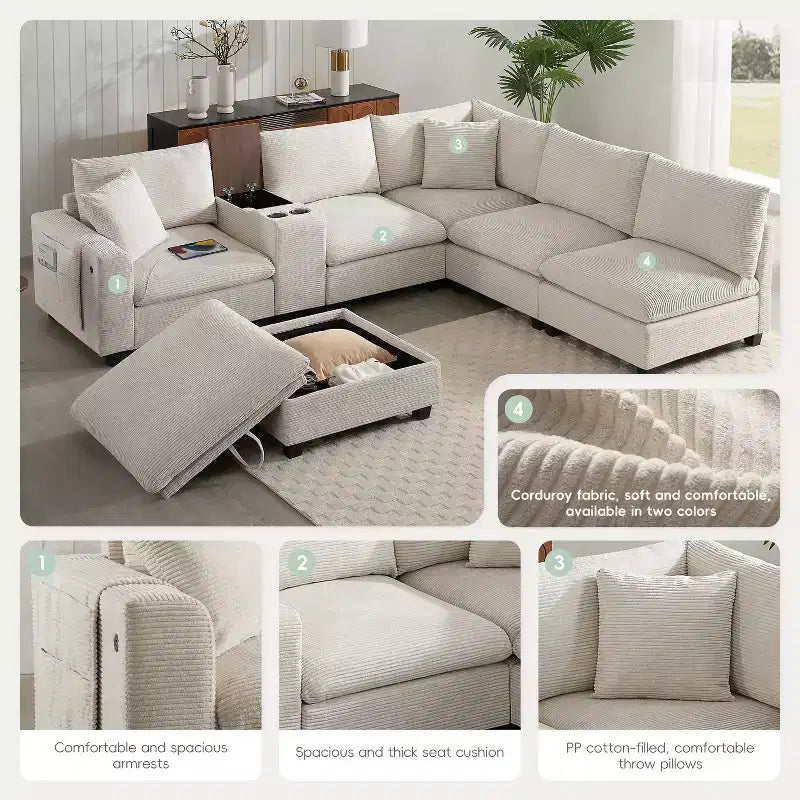Sofá seccional modular en forma de U de gran tamaño de 140'' con otomana, consola, cargador USB, portavasos, almacenamiento, tapicería de pana, 6 asientos para sala de estar