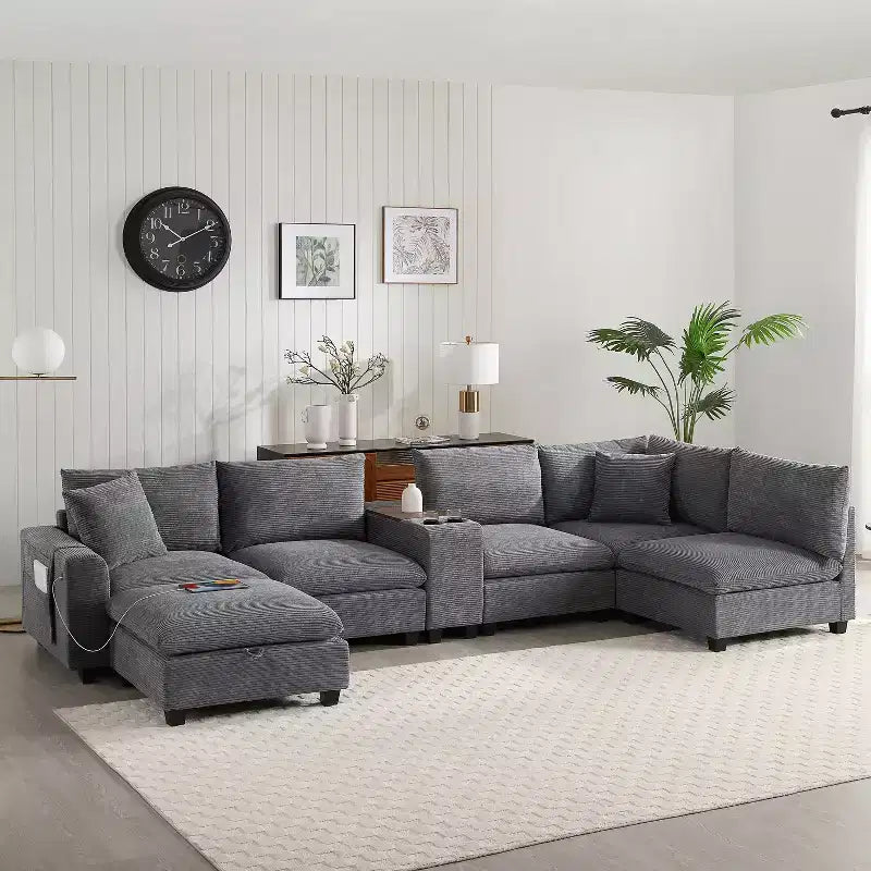 Sofá seccional modular en forma de U de gran tamaño de 140'' con otomana, consola, cargador USB, portavasos, almacenamiento, tapicería de pana, 6 asientos para sala de estar