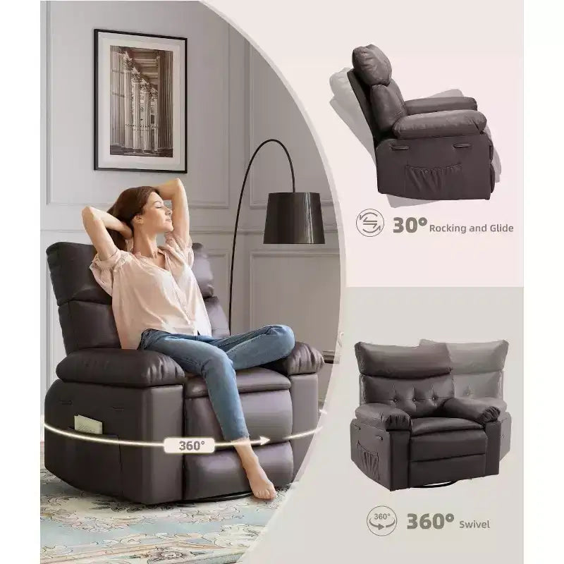 27 Sillones Reclinables Extra Grandes con Calor y Masaje - Silla Reclinable Giratoria 360 Grados para Adultos - Mecedora Manual con Control Remoto para Sala de Estar