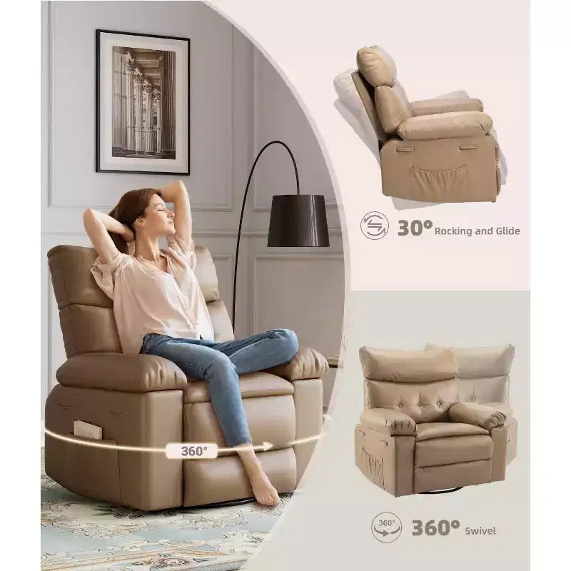 27 Sillones Reclinables Extra Grandes con Calor y Masaje - Silla Reclinable Giratoria 360 Grados para Adultos - Mecedora Manual con Control Remoto para Sala de Estar