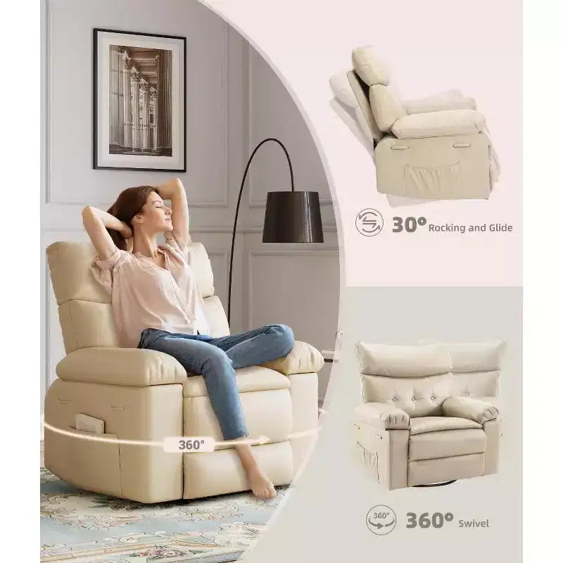 27 Sillones Reclinables Extra Grandes con Calor y Masaje - Silla Reclinable Giratoria 360 Grados para Adultos - Mecedora Manual con Control Remoto para Sala de Estar