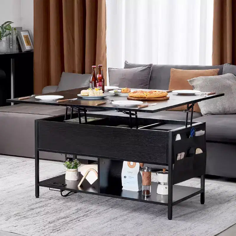 Mesa de centro elevable VEVOR, mesa de centro rectangular de 39.4 pulgadas, mesa de centro abatible con toma de corriente y USB e iluminación ambiental, negra