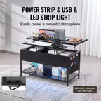 Mesa de centro elevable VEVOR, mesa de centro rectangular de 39.4 pulgadas, mesa de centro abatible con toma de corriente y USB e iluminación ambiental, negra