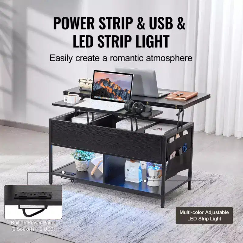 Mesa de centro elevable VEVOR, mesa de centro rectangular de 39.4 pulgadas, mesa de centro abatible con toma de corriente y USB e iluminación ambiental, negra