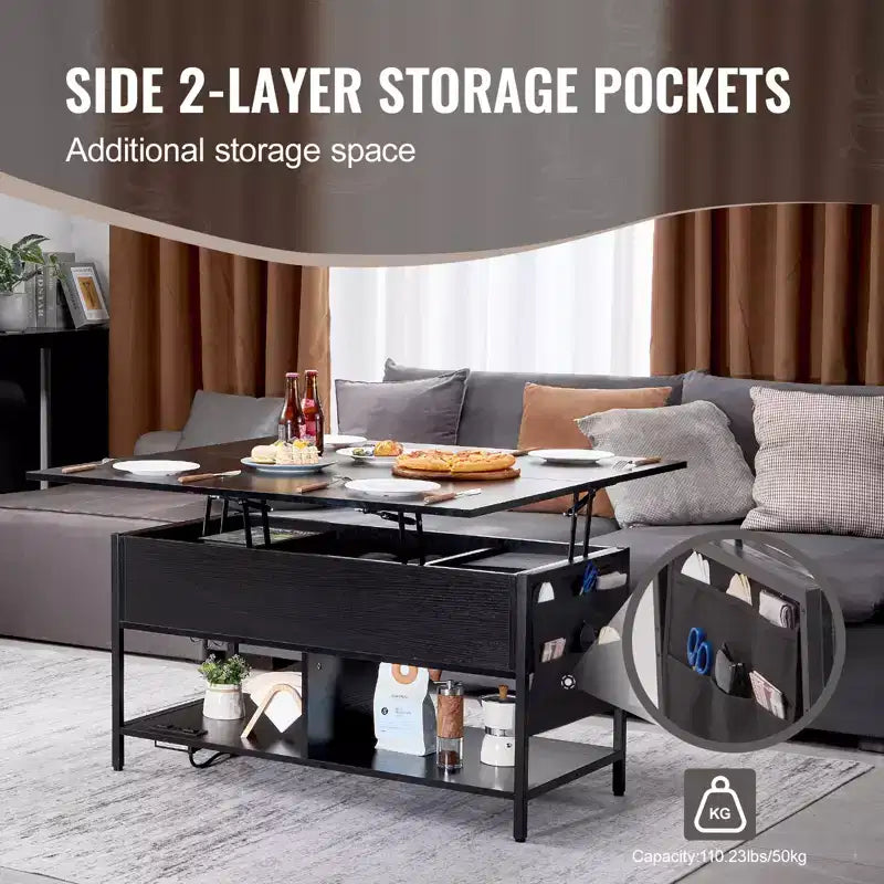 Mesa de centro elevable VEVOR, mesa de centro rectangular de 39.4 pulgadas, mesa de centro abatible con toma de corriente y USB e iluminación ambiental, negra