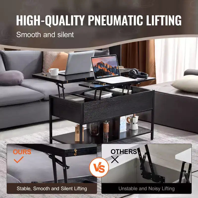 Mesa de centro elevable VEVOR, mesa de centro rectangular de 39.4 pulgadas, mesa de centro abatible con toma de corriente y USB e iluminación ambiental, negra
