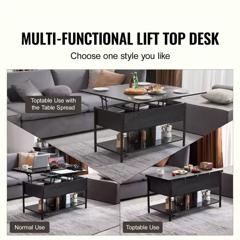 Mesa de centro elevable VEVOR, mesa de centro rectangular de 39.4 pulgadas, mesa de centro abatible con toma de corriente y USB e iluminación ambiental, negra