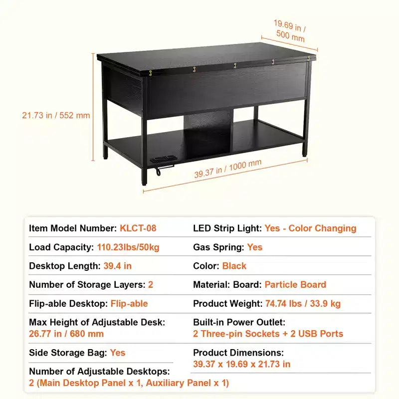 Mesa de centro elevable VEVOR, mesa de centro rectangular de 39.4 pulgadas, mesa de centro abatible con toma de corriente y USB e iluminación ambiental, negra