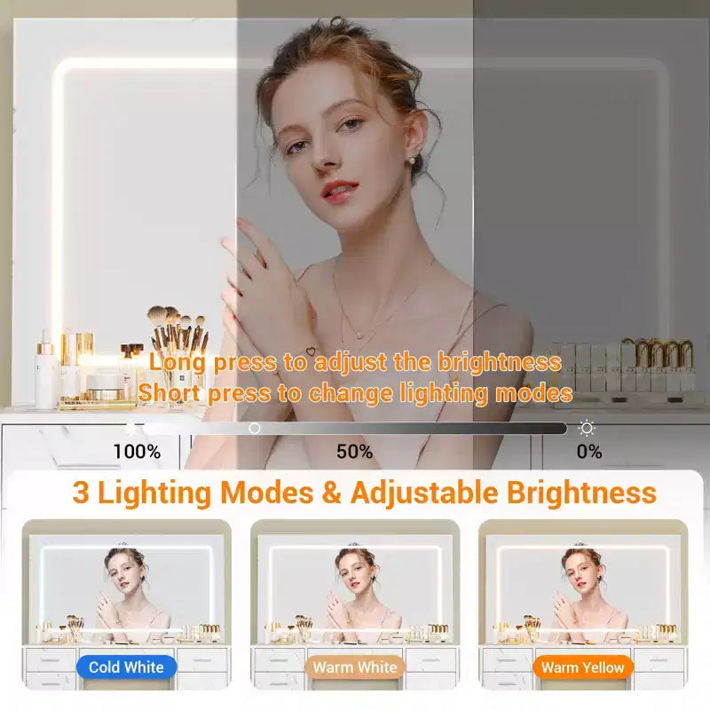 Tocador de maquillaje con espejo LED de 3 modos de luz y tomas de corriente, tocador grande con 7 cajones y gabinete de almacenamiento, mesa de tocador moderna