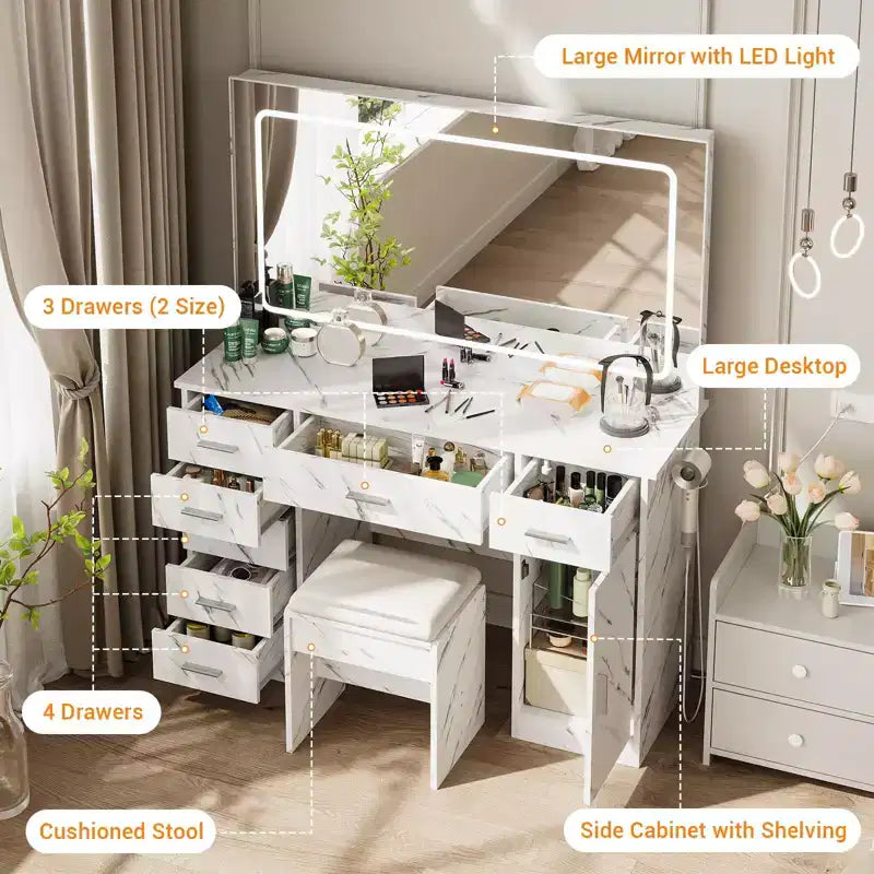 Tocador de maquillaje con espejo LED de 3 modos de luz y tomas de corriente, tocador grande con 7 cajones y gabinete de almacenamiento, mesa de tocador moderna