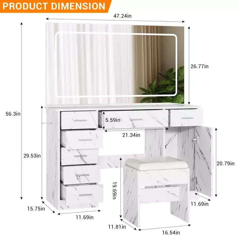 Tocador de maquillaje con espejo LED de 3 modos de luz y tomas de corriente, tocador grande con 7 cajones y gabinete de almacenamiento, mesa de tocador moderna
