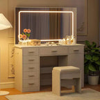 Tocador de maquillaje con espejo LED de 3 modos de luz y tomas de corriente, tocador grande con 7 cajones y gabinete de almacenamiento, mesa de tocador moderna