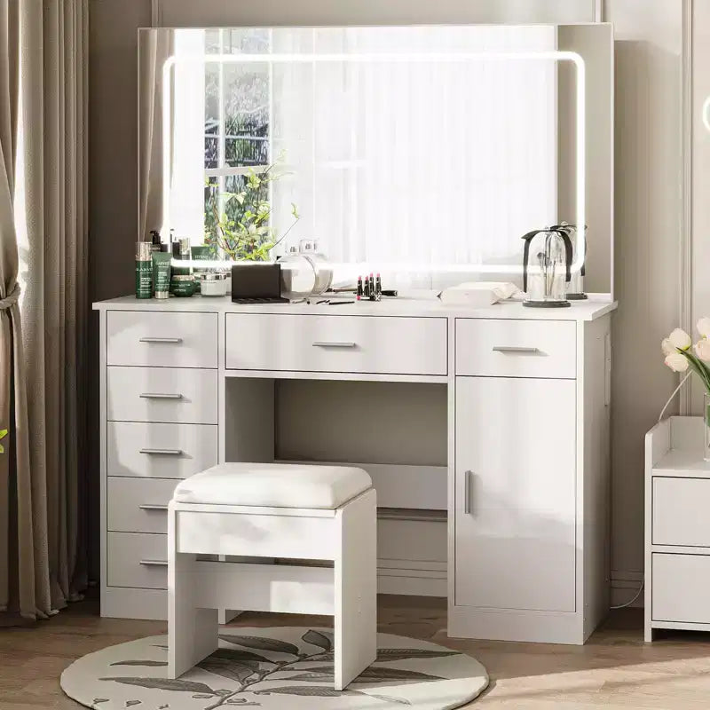 Tocador de maquillaje con espejo LED de 3 modos de luz y tomas de corriente, tocador grande con 7 cajones y gabinete de almacenamiento, mesa de tocador moderna