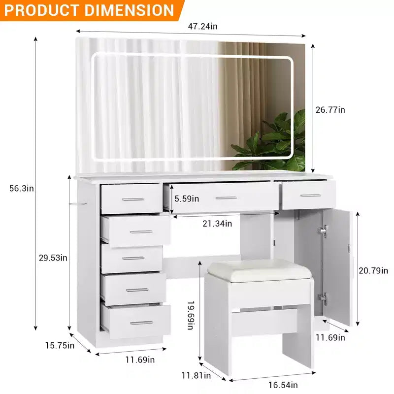 Tocador de maquillaje con espejo LED de 3 modos de luz y tomas de corriente, tocador grande con 7 cajones y gabinete de almacenamiento, mesa de tocador moderna