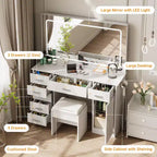 Tocador de maquillaje con espejo LED de 3 modos de luz y tomas de corriente, tocador grande con 7 cajones y gabinete de almacenamiento, mesa de tocador moderna