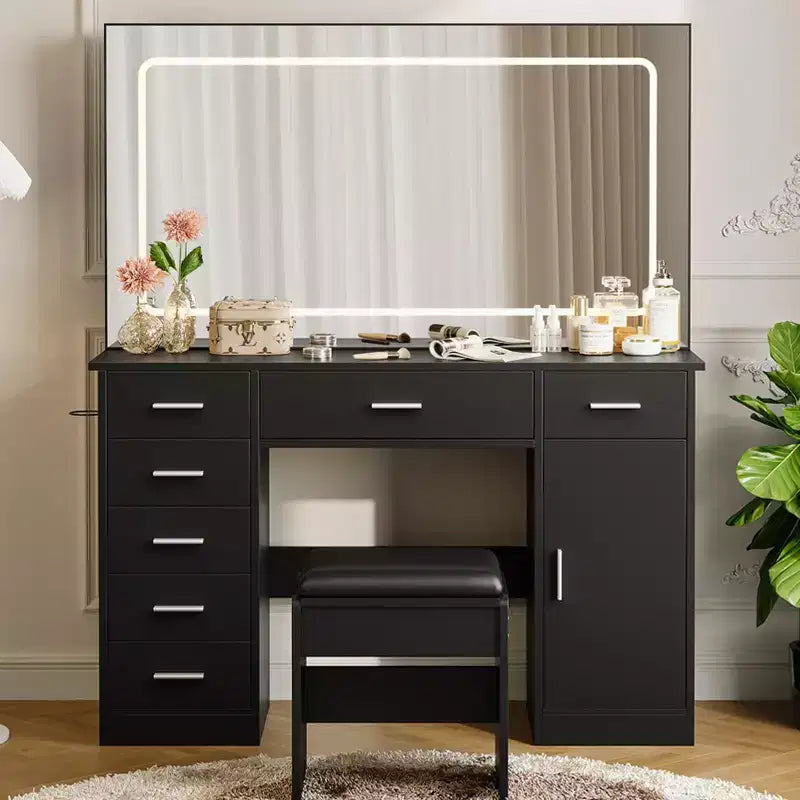 Tocador de maquillaje con espejo LED de 3 modos de luz y tomas de corriente, tocador grande con 7 cajones y gabinete de almacenamiento, mesa de tocador moderna