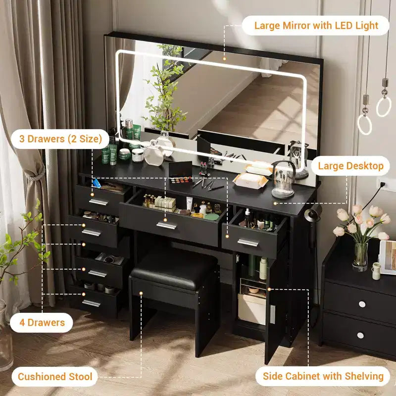 Tocador de maquillaje con espejo LED de 3 modos de luz y tomas de corriente, tocador grande con 7 cajones y gabinete de almacenamiento, mesa de tocador moderna
