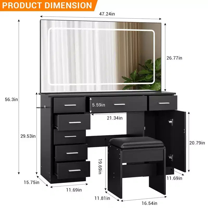 Tocador de maquillaje con espejo LED de 3 modos de luz y tomas de corriente, tocador grande con 7 cajones y gabinete de almacenamiento, mesa de tocador moderna