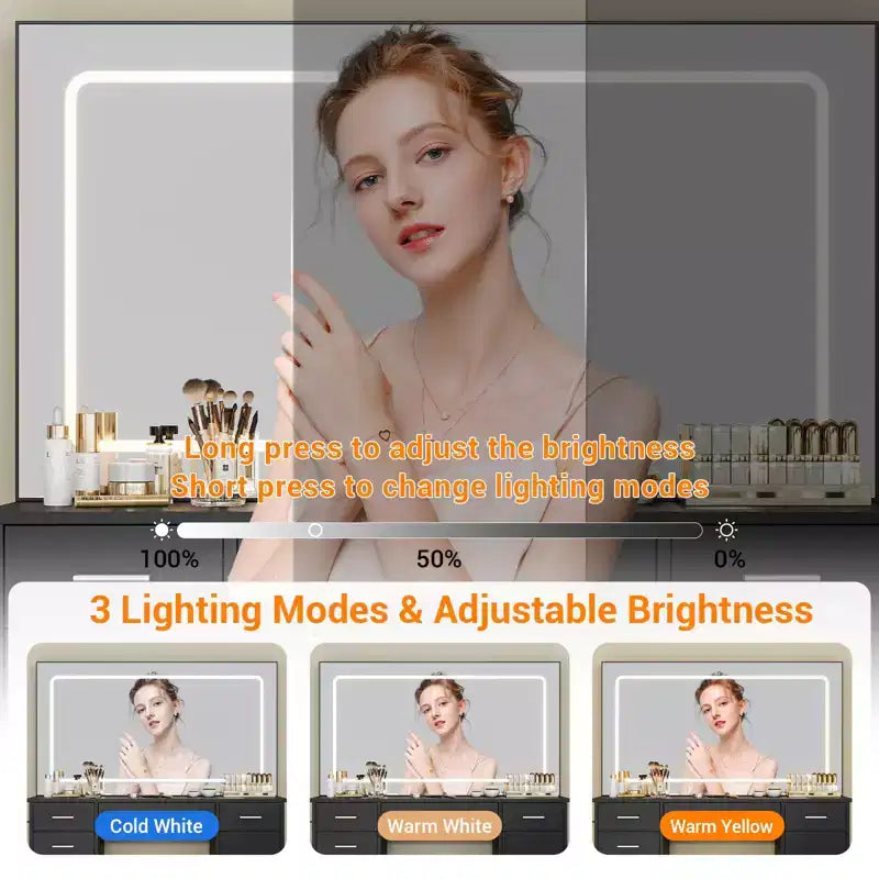 Tocador de maquillaje con espejo LED de 3 modos de luz y tomas de corriente, tocador grande con 7 cajones y gabinete de almacenamiento, mesa de tocador moderna