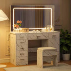 Tocador de maquillaje con espejo LED de 3 modos de luz y tomas de corriente, tocador grande con 7 cajones y gabinete de almacenamiento, mesa de tocador moderna