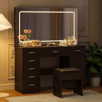 Tocador de maquillaje con espejo LED de 3 modos de luz y tomas de corriente, tocador grande con 7 cajones y gabinete de almacenamiento, mesa de tocador moderna