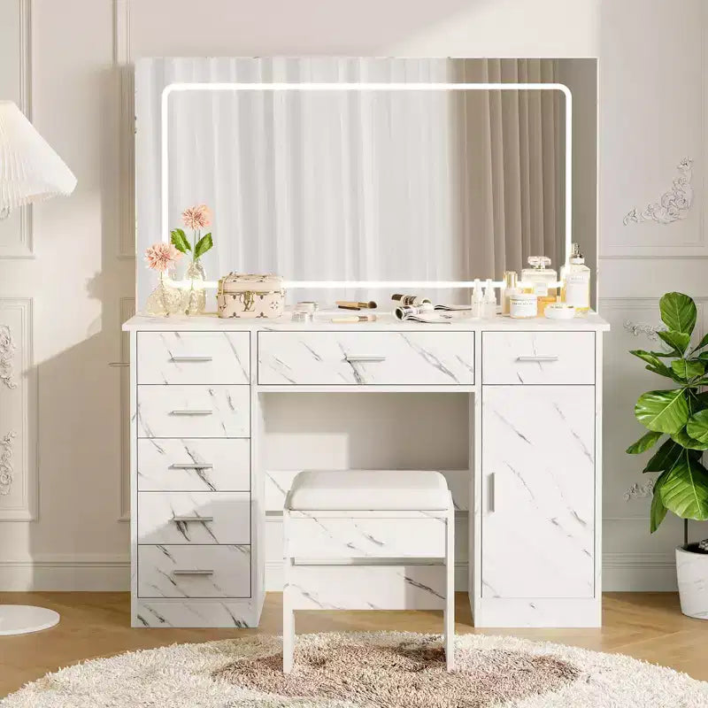 Tocador de maquillaje con espejo LED de 3 modos de luz y tomas de corriente, tocador grande con 7 cajones y gabinete de almacenamiento, mesa de tocador moderna