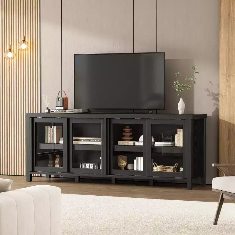 Mueble de TV Garvee para 65 pulgadas, centro de entretenimiento con armario de almacenamiento y 4 puertas correderas de cristal, mesa consola para salón dormitorio