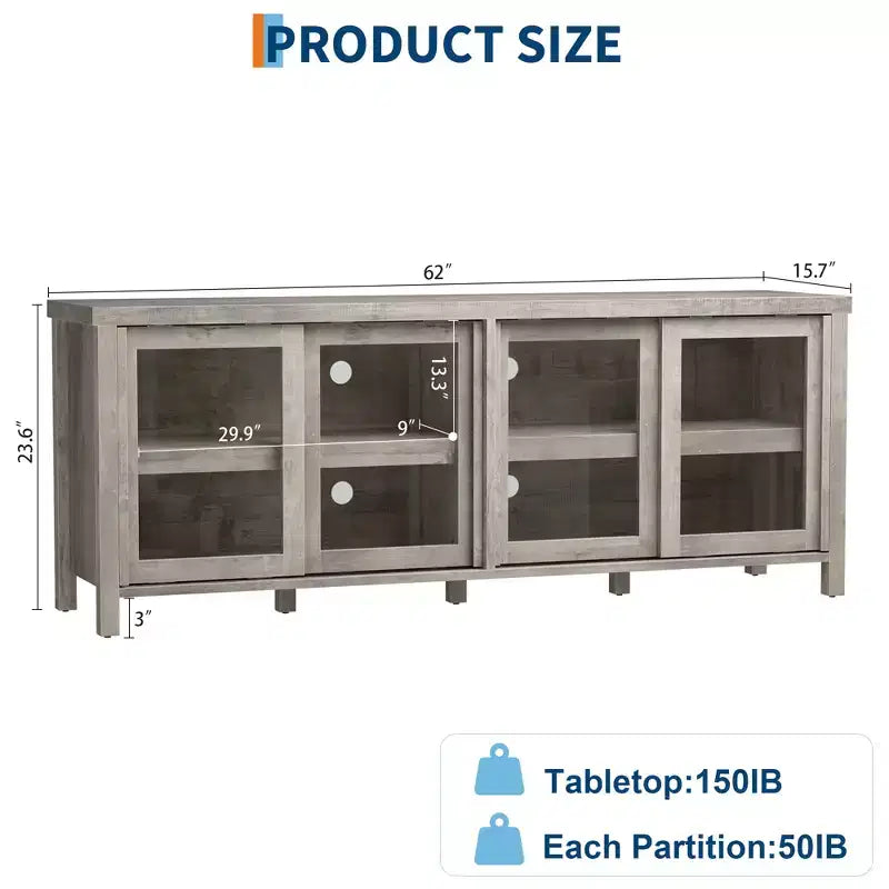 Mueble de TV Garvee para 65 pulgadas, centro de entretenimiento con armario de almacenamiento y 4 puertas correderas de cristal, mesa consola para salón dormitorio