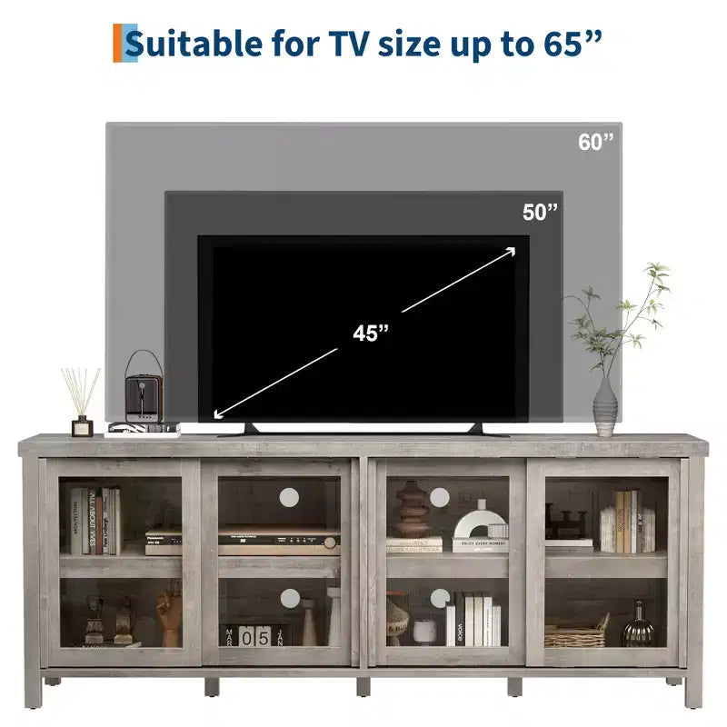 Mueble de TV Garvee para 65 pulgadas, centro de entretenimiento con armario de almacenamiento y 4 puertas correderas de cristal, mesa consola para salón dormitorio