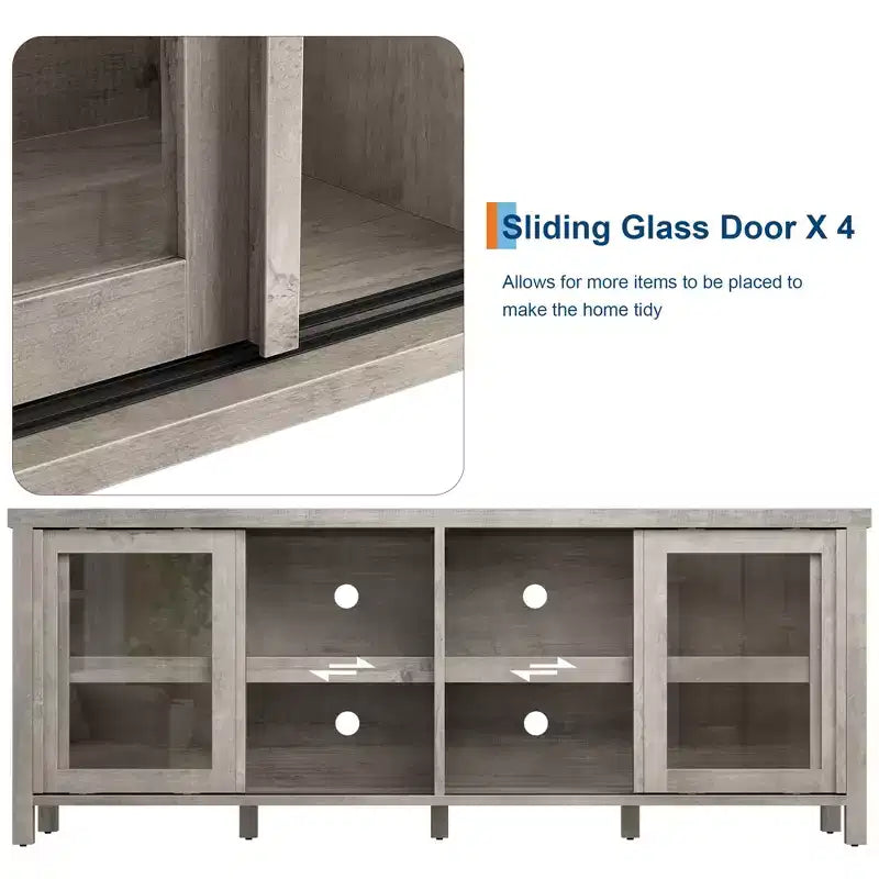 Mueble de TV Garvee para 65 pulgadas, centro de entretenimiento con armario de almacenamiento y 4 puertas correderas de cristal, mesa consola para salón dormitorio