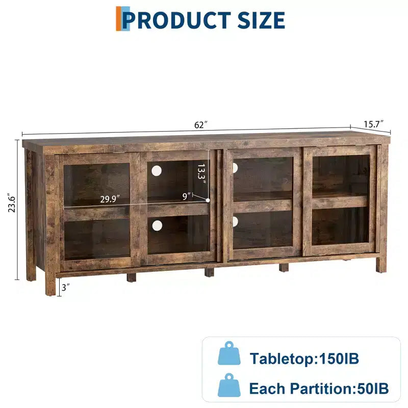 Mueble de TV Garvee para 65 pulgadas, centro de entretenimiento con armario de almacenamiento y 4 puertas correderas de cristal, mesa consola para salón dormitorio