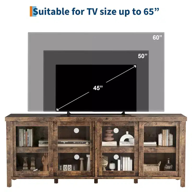 Mueble de TV Garvee para 65 pulgadas, centro de entretenimiento con armario de almacenamiento y 4 puertas correderas de cristal, mesa consola para salón dormitorio