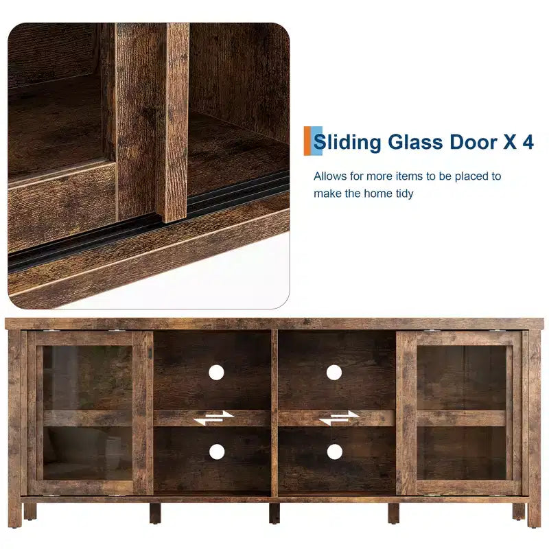 Mueble de TV Garvee para 65 pulgadas, centro de entretenimiento con armario de almacenamiento y 4 puertas correderas de cristal, mesa consola para salón dormitorio