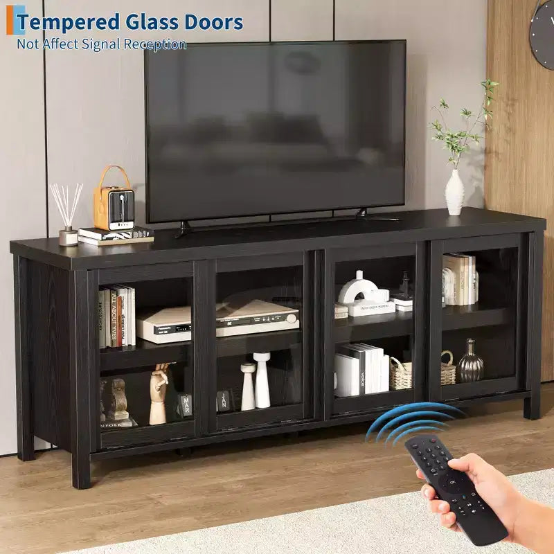 Mueble de TV Garvee para 65 pulgadas, centro de entretenimiento con armario de almacenamiento y 4 puertas correderas de cristal, mesa consola para salón dormitorio