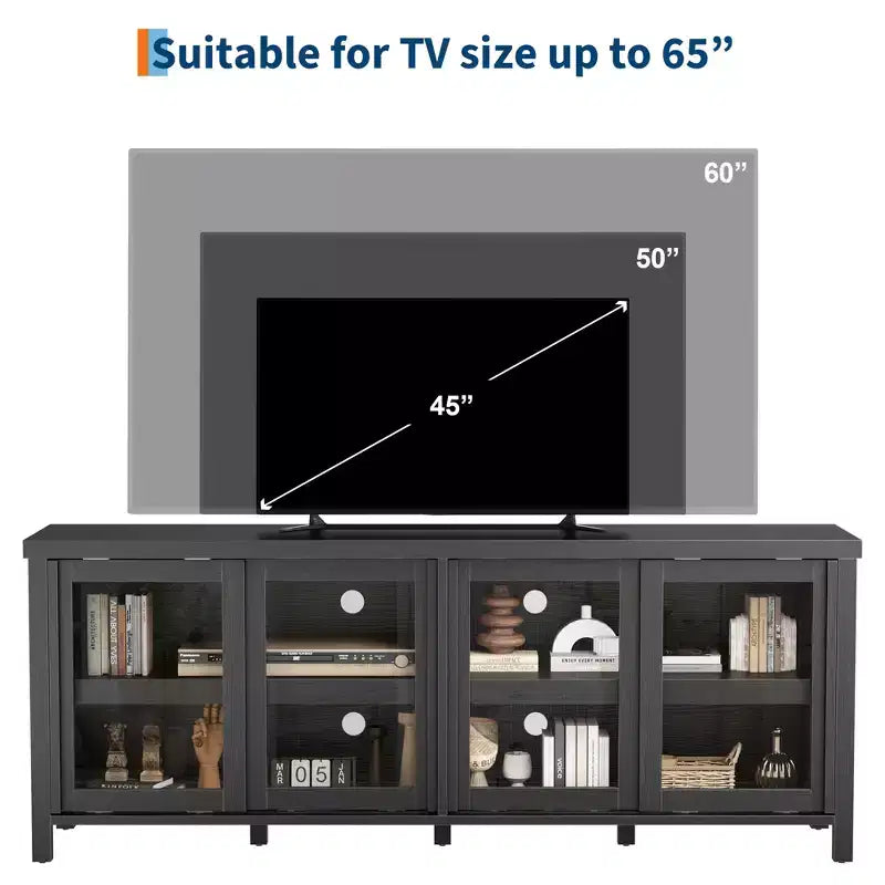 Mueble de TV Garvee para 65 pulgadas, centro de entretenimiento con armario de almacenamiento y 4 puertas correderas de cristal, mesa consola para salón dormitorio