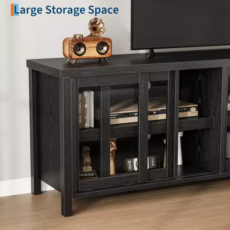 Mueble de TV Garvee para 65 pulgadas, centro de entretenimiento con armario de almacenamiento y 4 puertas correderas de cristal, mesa consola para salón dormitorio
