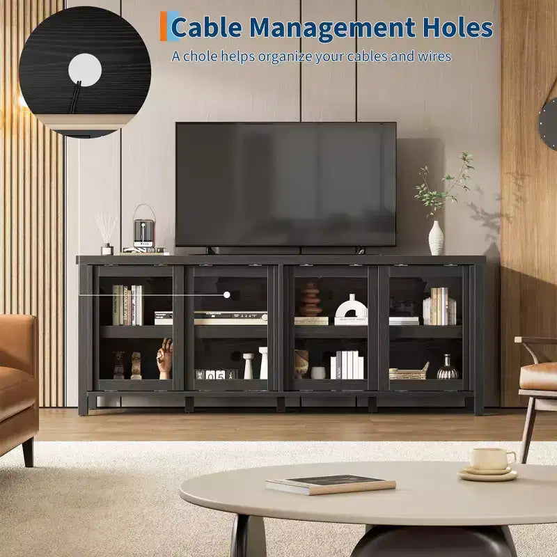 Mueble de TV Garvee para 65 pulgadas, centro de entretenimiento con armario de almacenamiento y 4 puertas correderas de cristal, mesa consola para salón dormitorio