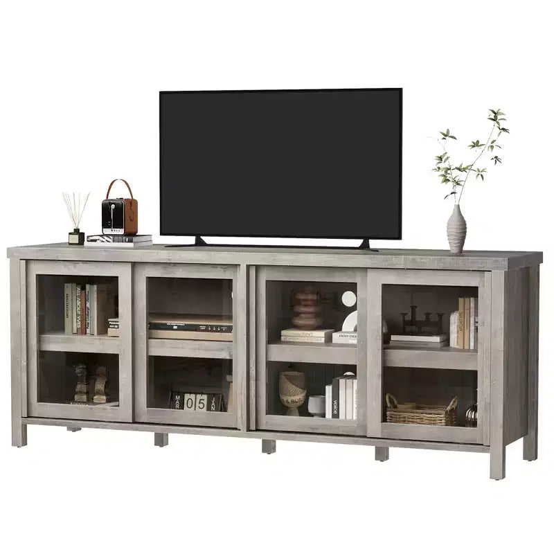 Mueble de TV Garvee para 65 pulgadas, centro de entretenimiento con armario de almacenamiento y 4 puertas correderas de cristal, mesa consola para salón dormitorio