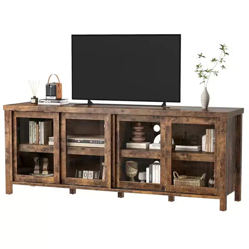 Mueble de TV Garvee para 65 pulgadas, centro de entretenimiento con armario de almacenamiento y 4 puertas correderas de cristal, mesa consola para salón dormitorio